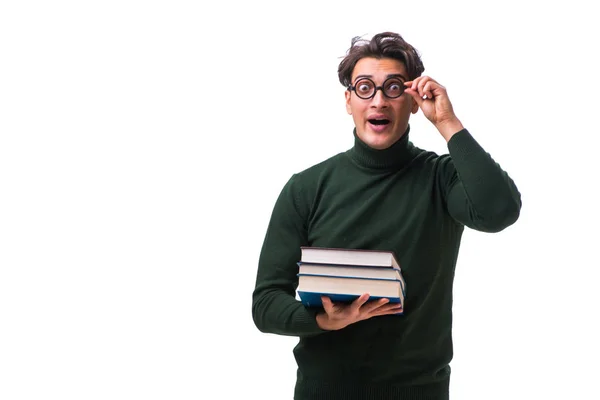 De jonge student nerd met boeken geïsoleerd op wit — Stockfoto