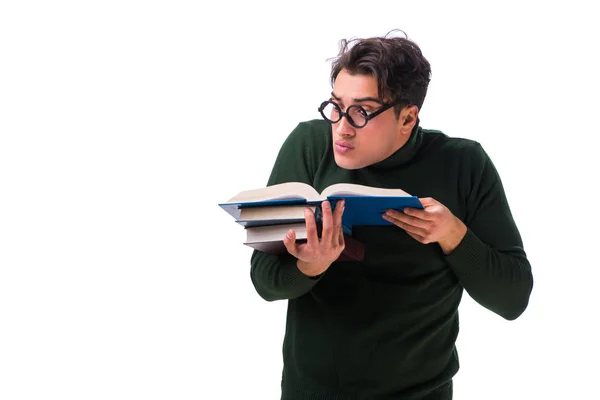 Jovem estudante nerd com livros isolados em branco — Fotografia de Stock