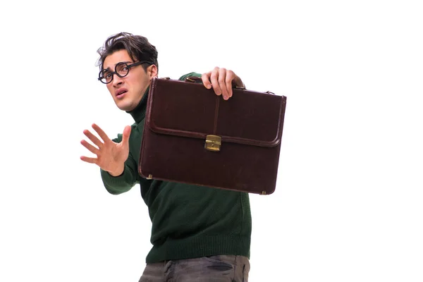 Empresario nerd con maletín aislado en blanco — Foto de Stock