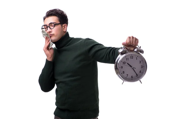 Nerd junger Mann mit Uhr und Geld isoliert auf weiß — Stockfoto