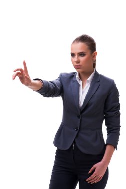 Genç işkadını beyaz üzerinde sanal düğmesine basarak