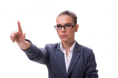 Genç işkadını beyaz üzerinde sanal düğmesine basarak