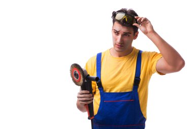 Beyaz arka plan üzerinde izole sander çalışanla yüklenici