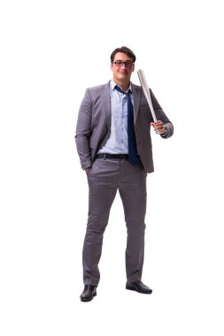 Beyzbol sopalı bir iş adamı beyazda izole edilmiş.