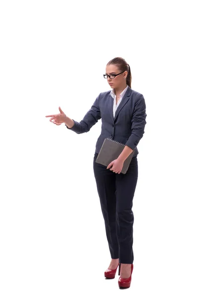 Young businesswoman pressing virtual button on white — Stock Photo, Image