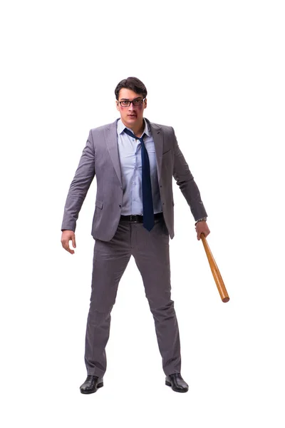 Uomo d'affari con mazza da baseball isolato su bianco — Foto Stock