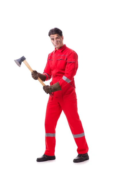 Contractor employee with axe on white background — Stock Photo, Image