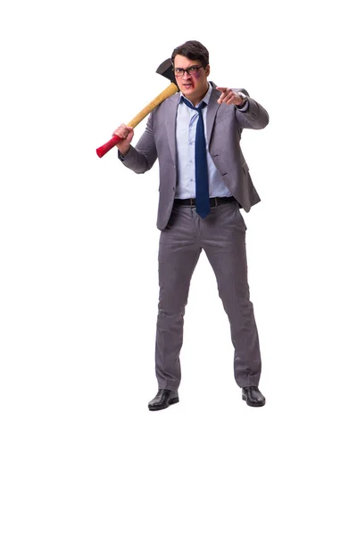 Angry businessman with axe isolated on white — Stock Photo, Image