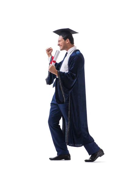 Estudante animado em sua formatura isolado em branco — Fotografia de Stock