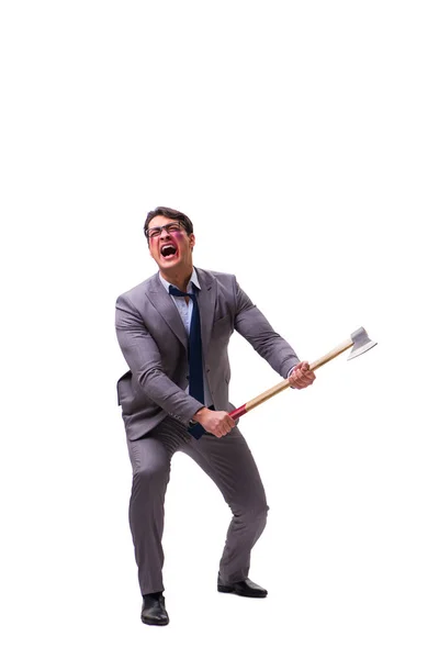 Hombre de negocios enojado con hacha aislada en blanco —  Fotos de Stock