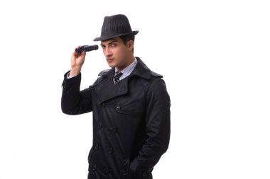 Beyaz arkaplanda izole edilmiş dürbünlü casus