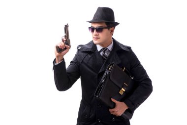 Beyaz arka planda izole edilmiş tabancalı bir casus.