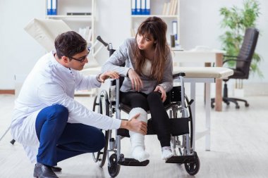 Erkek doktor tekerlekli sandalyedeki kadın hastayı muayene ediyor.