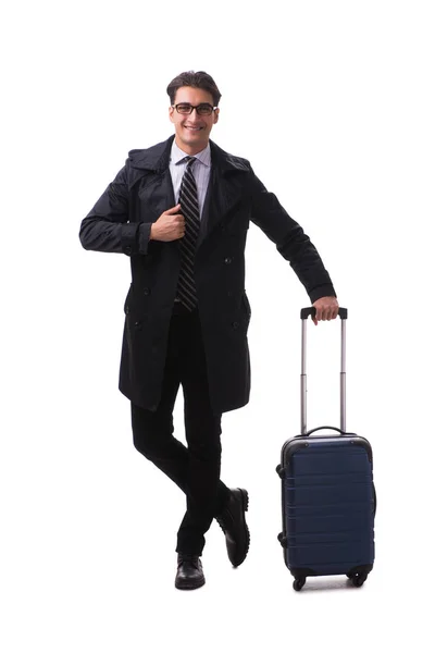 Joven hombre de negocios con maleta listo para viaje de negocios en blanco — Foto de Stock