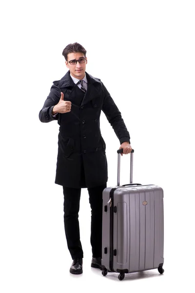 带着手提箱的年轻商人准备乘坐白色的公务旅行 — 图库照片