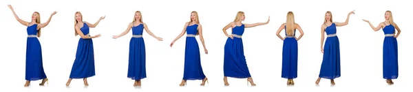 Krásná žena v dlouhých modrých šatech izolované na bílém — Stock fotografie