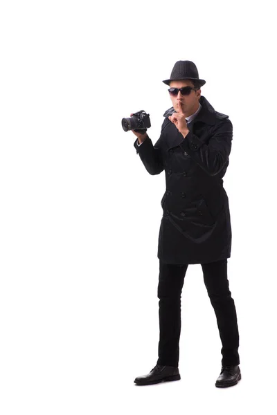 Espía con cámara tomando fotos aisladas en blanco —  Fotos de Stock