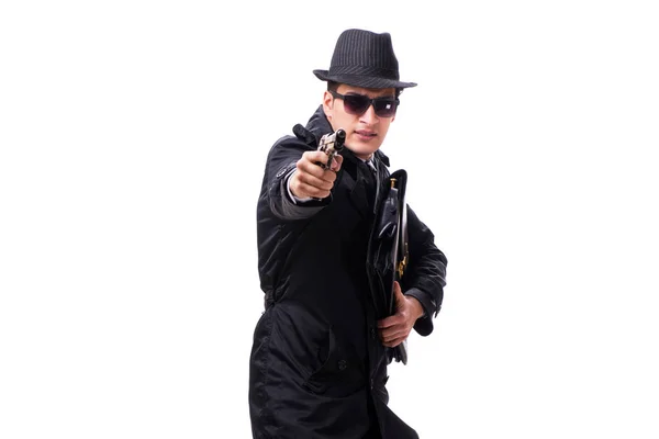 Mann Spion mit Handfeuerwaffe isoliert auf weißem Hintergrund — Stockfoto