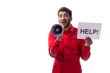 Tulumlu ve mesajı beyaz üzerine izole edilmiş bir adam.