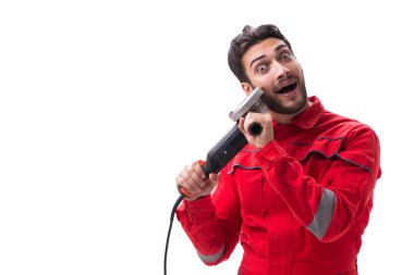 Dairesel Parlatıcı üzerinde beyaz izole ile genç adam