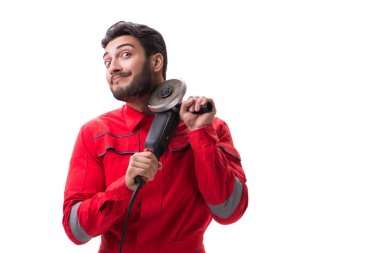 Dairesel Parlatıcı üzerinde beyaz izole ile genç adam