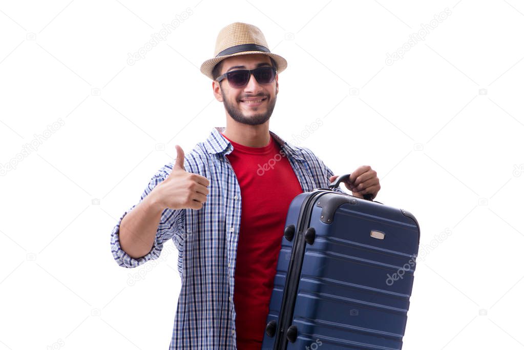 Young man ready for summer travel isolated on white