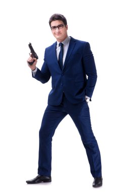 Beyaz arka plan üzerinde izole silahla işadamı