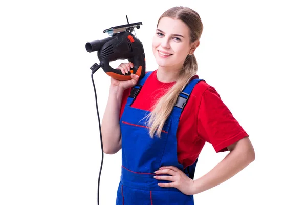 Young woman with power saw isolated on white — Stock Photo, Image