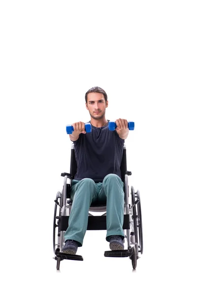 Młody niepełnosprawny mężczyzna robi ćwiczenia fizyczne izolowane na białym — Zdjęcie stockowe