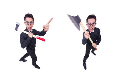 beyaz üzerine balta ile komik adam