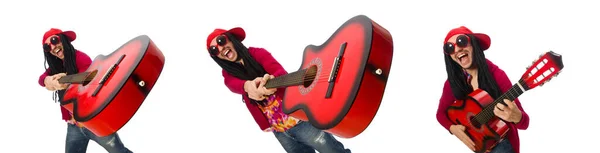 Músico masculino com guitarra isolada em branco — Fotografia de Stock