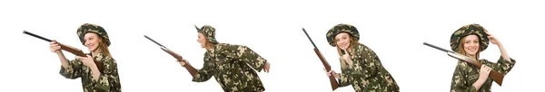 Дівчина у військовій формі тримає пістолет ізольовано на білому — стокове фото