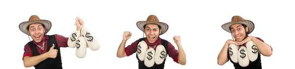 Young cowboy with money bags isolated on white — Stock Photo, Image