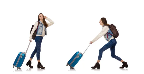 Menina sorrindo jovem com saco isolado no branco — Fotografia de Stock