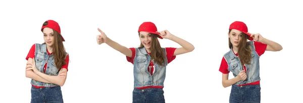 Mooi meisje in jeans kleding geïsoleerd op wit — Stockfoto