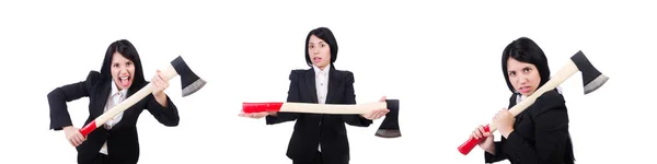 Mujer de negocios enojado con hacha en blanco — Foto de Stock