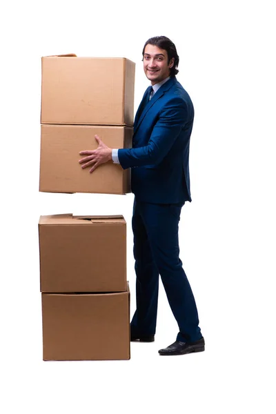 年轻男性雇员，盒子隔离在白色上 — 图库照片