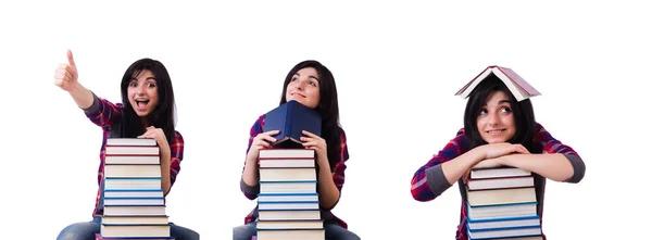 Jovem estudante com livros isolados em branco — Fotografia de Stock