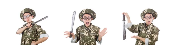 Funny soldado con cuchillo en blanco — Foto de Stock