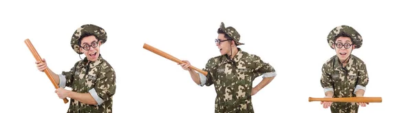 Soldado com bastão de beisebol isolado em branco — Fotografia de Stock