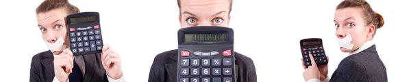 Mulher com calculadora no conceito de fraude isolado no branco — Fotografia de Stock