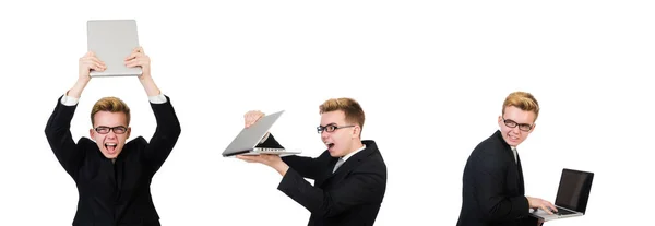 ホワイトにノートパソコンを隔離した若いビジネスマンは — ストック写真