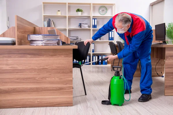 Alte professionelle Lohnunternehmer tun Schädlingsbekämpfung im Büro — Stockfoto