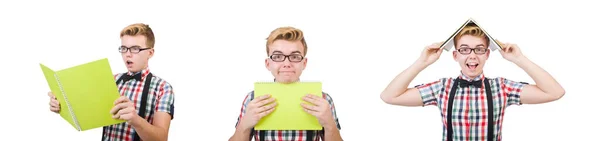 Funny student with books isolated on white — Stock Photo, Image