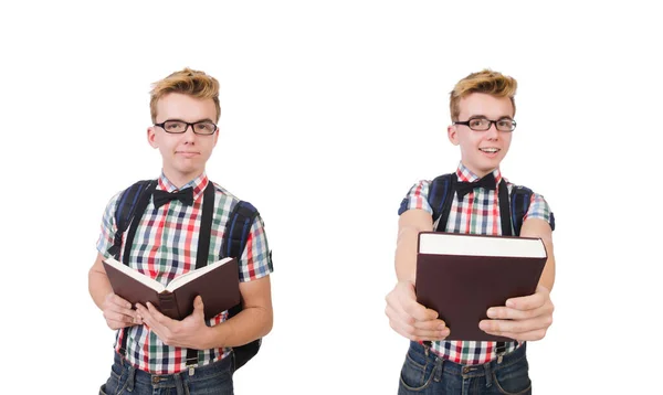 Studente divertente con pila di libri — Foto Stock