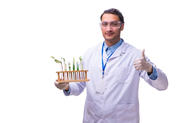 Jonge mannelijke chemicus geïsoleerd op wit — Stockfoto