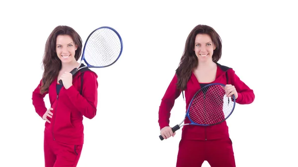 Frau im roten Kostüm im Sportkonzept — Stockfoto