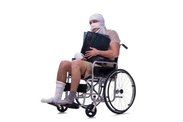 Injured man in wheel-chair isolated on white — Stock Photo, Image