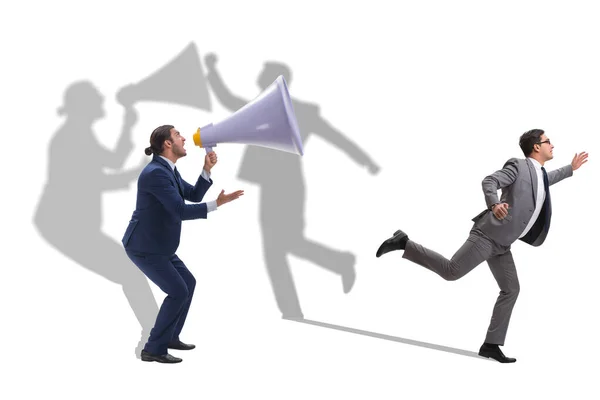 Businessman shouting through large loudspeaker — Stock Photo, Image