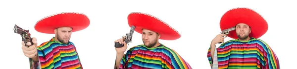 Engraçado mexicano segurando pistola isolado no branco — Fotografia de Stock